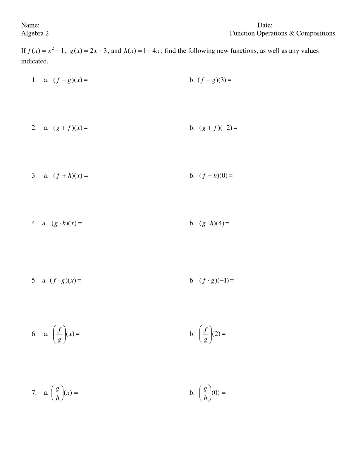 functions With Function Operations And Composition Worksheet